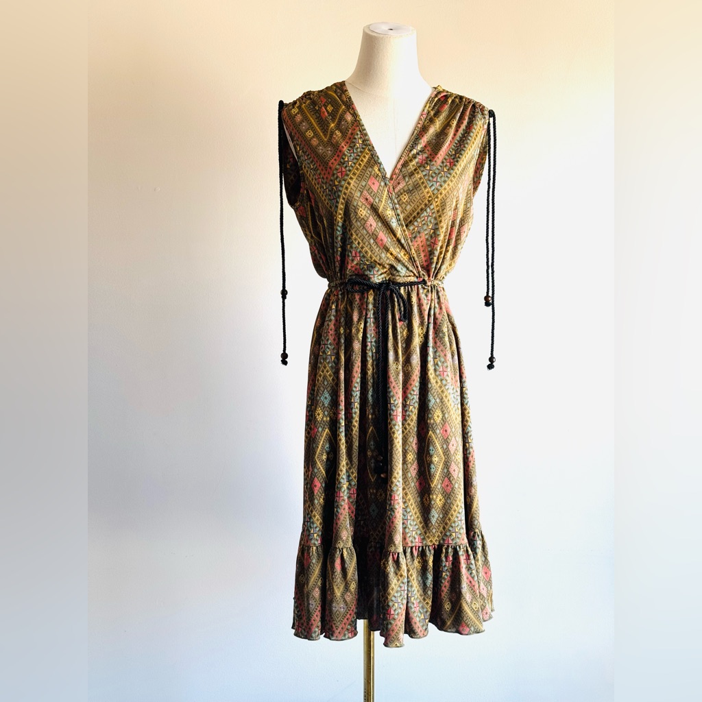 Betsey Johnson New York Vintage Black Label Olive Green Boho Print Dress Size 4